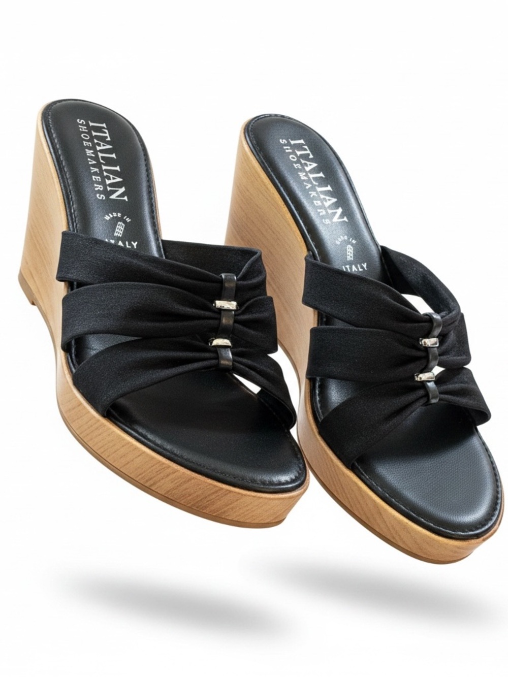 Italian Shoemakers Cork Wedge Size 9M Slip on Sandals Heel Black Jewel Leather